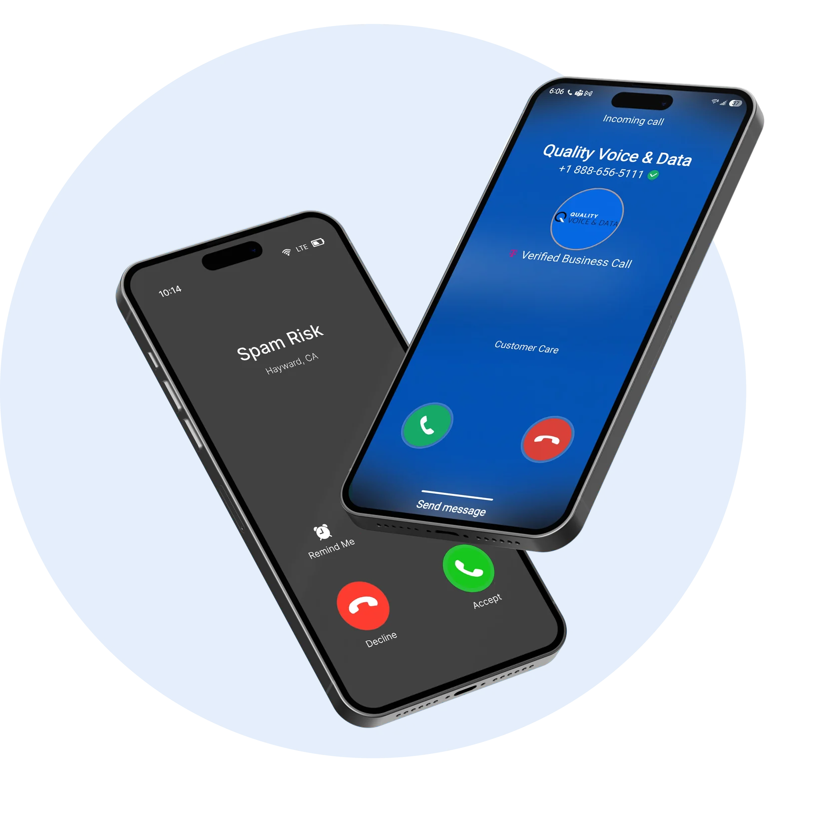 Two smartphones side by side: one showing an incoming call labeled “Spam Risk, Hayward, CA”, the other showing the same call branded with the Quality Voice & Data name, logo, phone number, verified checkmark, and “Customer Care” call reason.